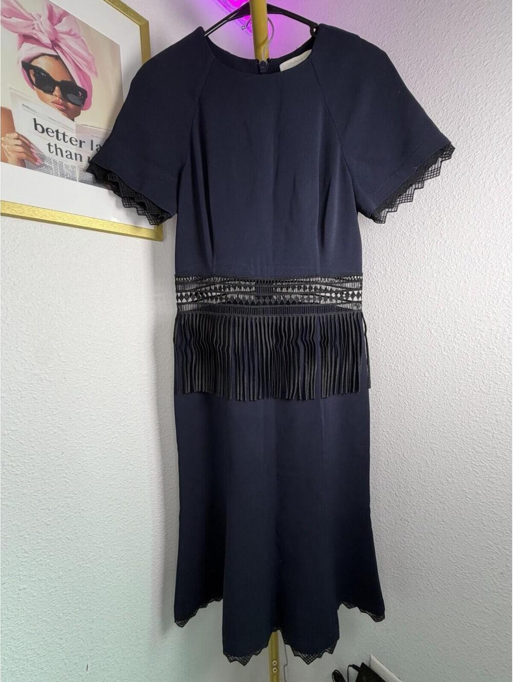 JONATHAN SIMKHAI Navy Blue Black Crochet Fringe Flare Bodycon Cocktail Dress 4